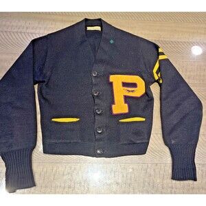 VINTAGE Varsity Lettermans womens small Knit Cardigan Sweater P Black Yellow 50s